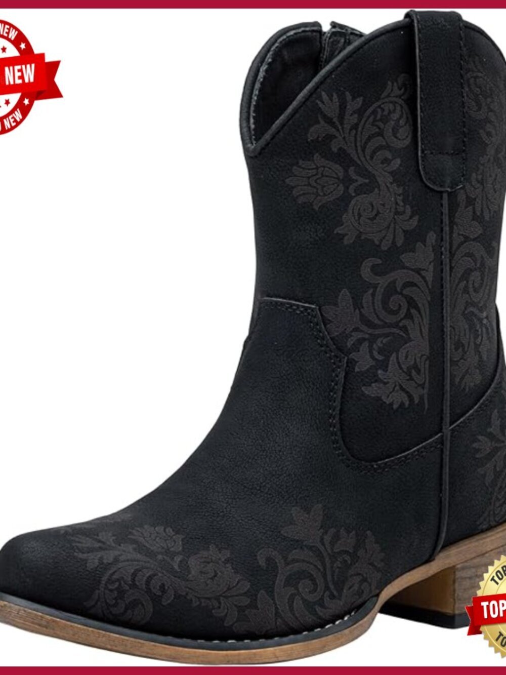 Square Toe Ankle Cowboy Booties with Block Heel and Side Zipper